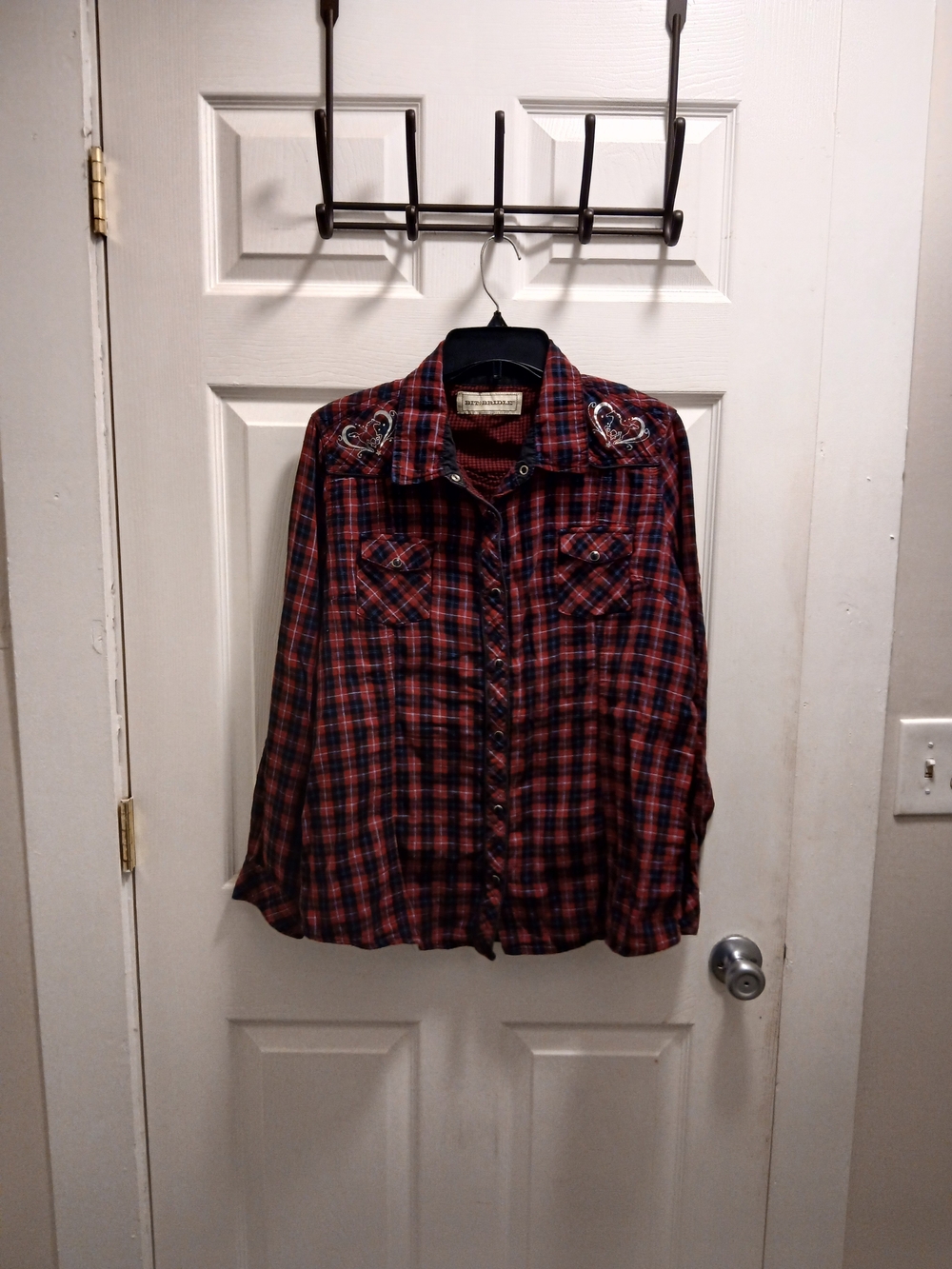 Bit & Bridle Red and Black Plaid Shirt with Heart Embroidery